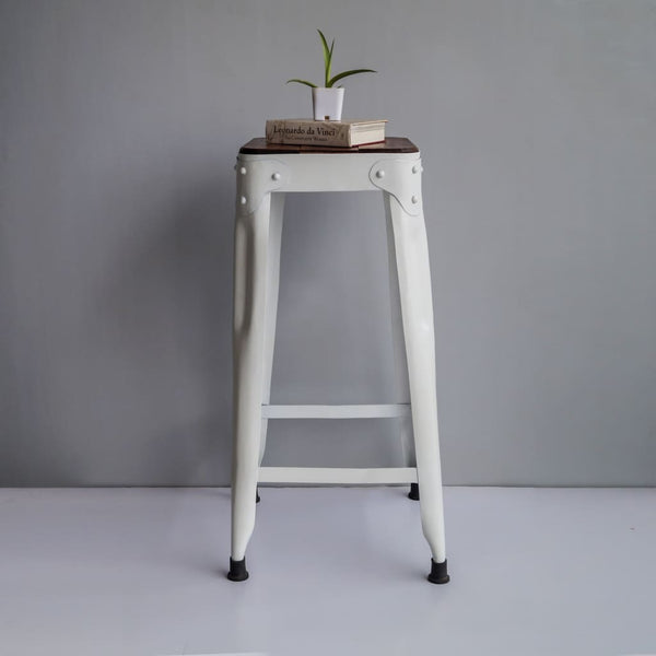 Tall White Bar Stool Industrial Style Furniture Riveted Iron Wood Accent - Set of 4 - The Black Steel