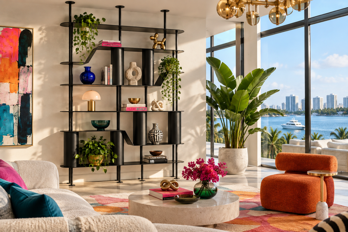 A modern black metal open shelving unit with multiple tiers and curved side panels, styled with books, vases, and plants in a bright contemporary living room. The room features large windows overlooking a waterfront city view, with an orange accent chair, a marble coffee table, and a colorful abstract painting on the wall.