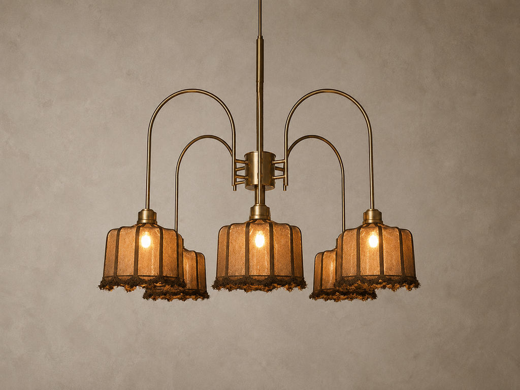 A vintage-style five-light chandelier with curved brass arms and textured amber glass shades, shown hanging against a neutral textured wall.