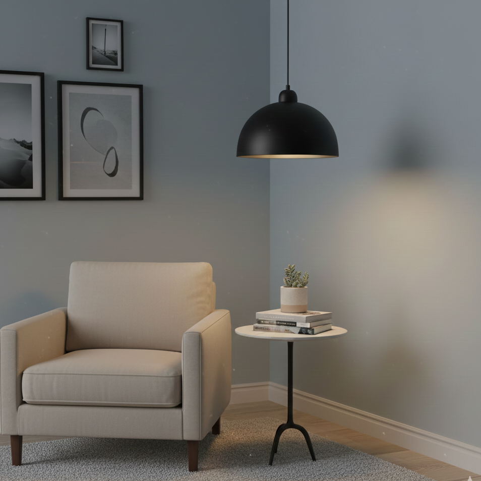 Beige armchair in a room with a black pendant light, small table, and framed pictures on the wall.