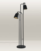 Black floor lamp with a streamlined silhouette and adjustable heads for directed illumination.