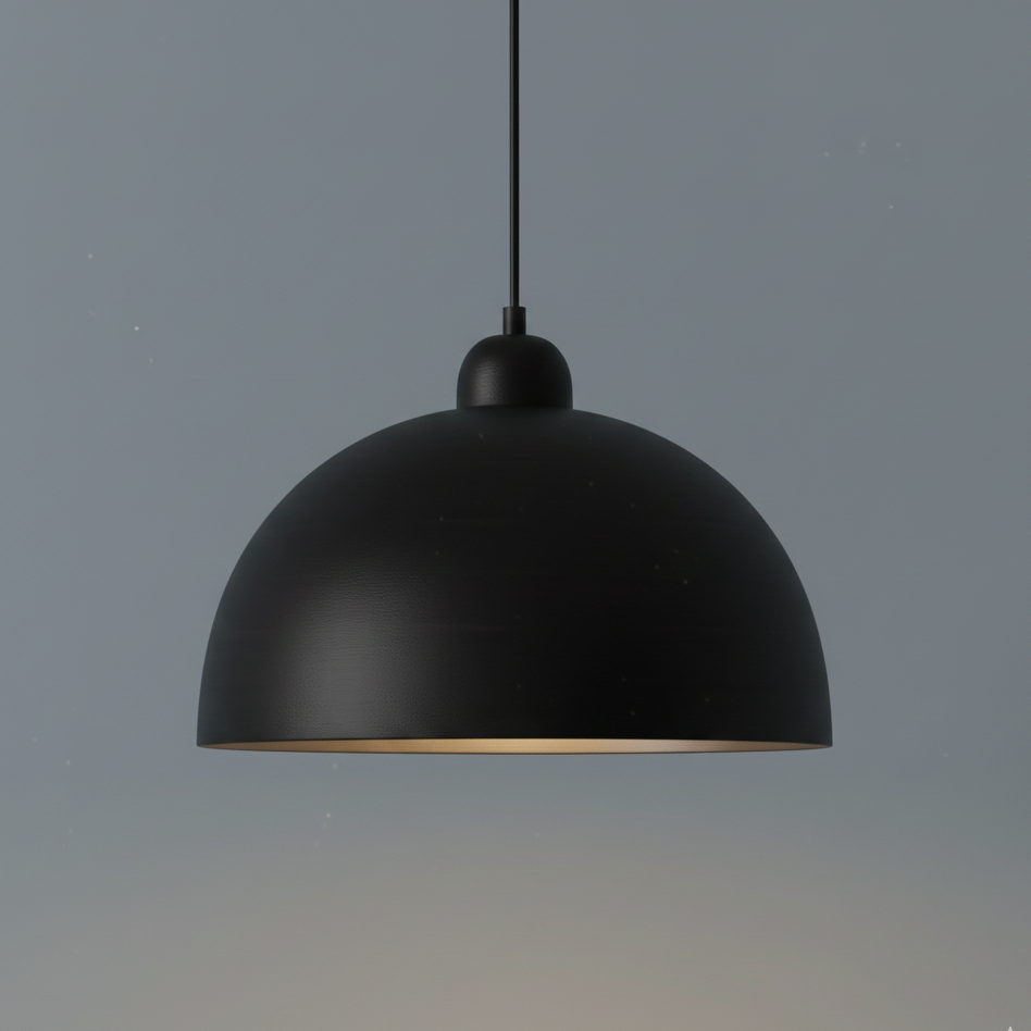 Black pendant light against a gradient gray background