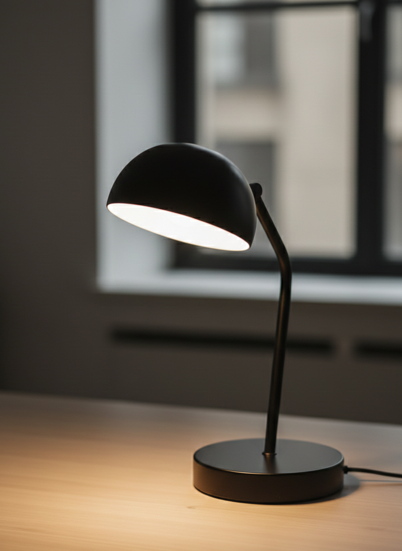 Black table lamp on a wooden surface with a blurred window in the background