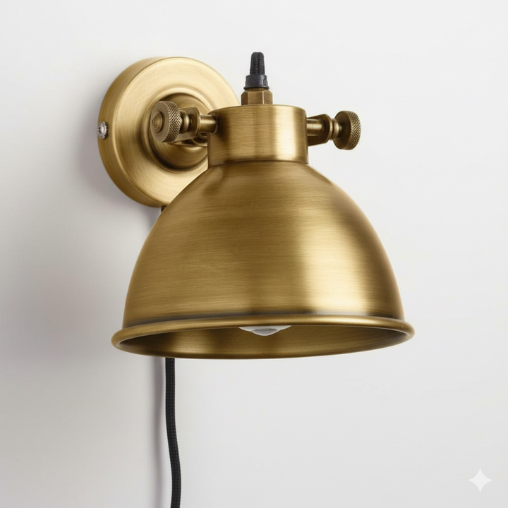 Brass wall-mounted light fixture on a white background
