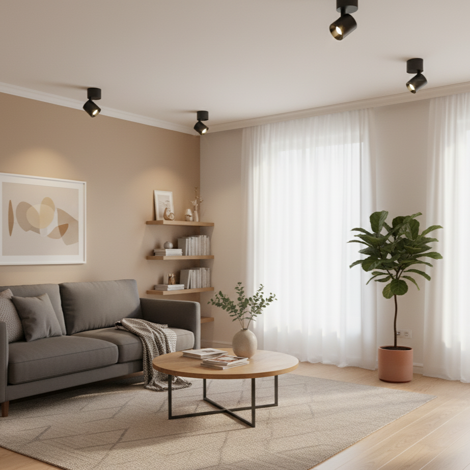 Modern living room with gray sofa, wooden coffee table, and plants.