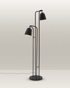 Contemporary floor lamp with a minimalist design and dual adjustable heads for versatile lighting.