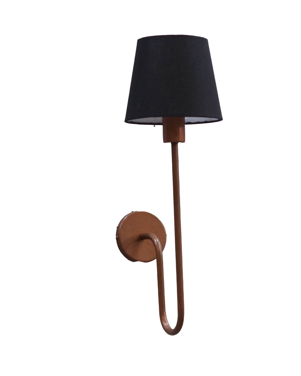 Contemporary wall lamp showcasing a sleek black shade and a striking copper-colored curved arm
