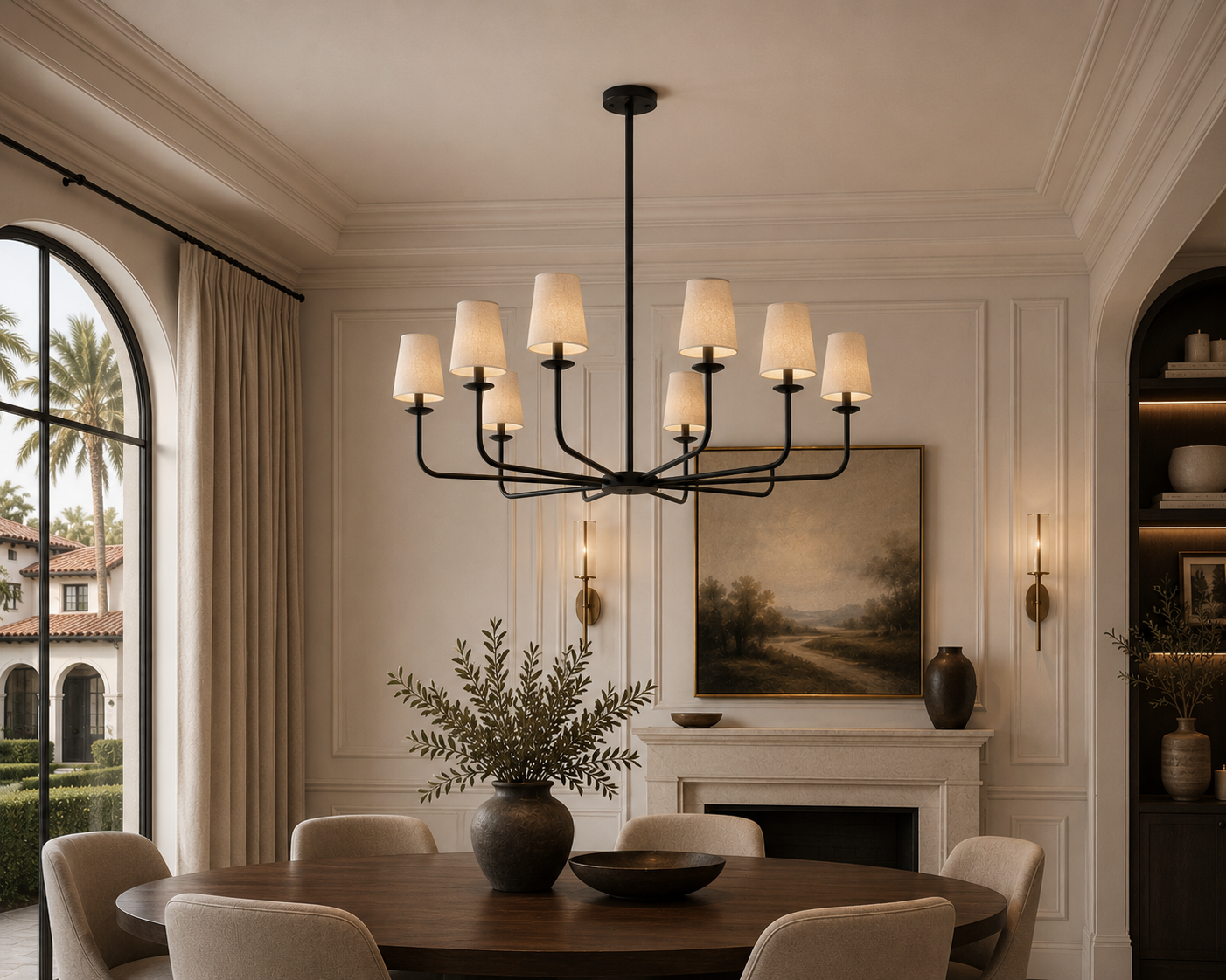 Dining room with a chandelier, table, chairs, and decorative elements.