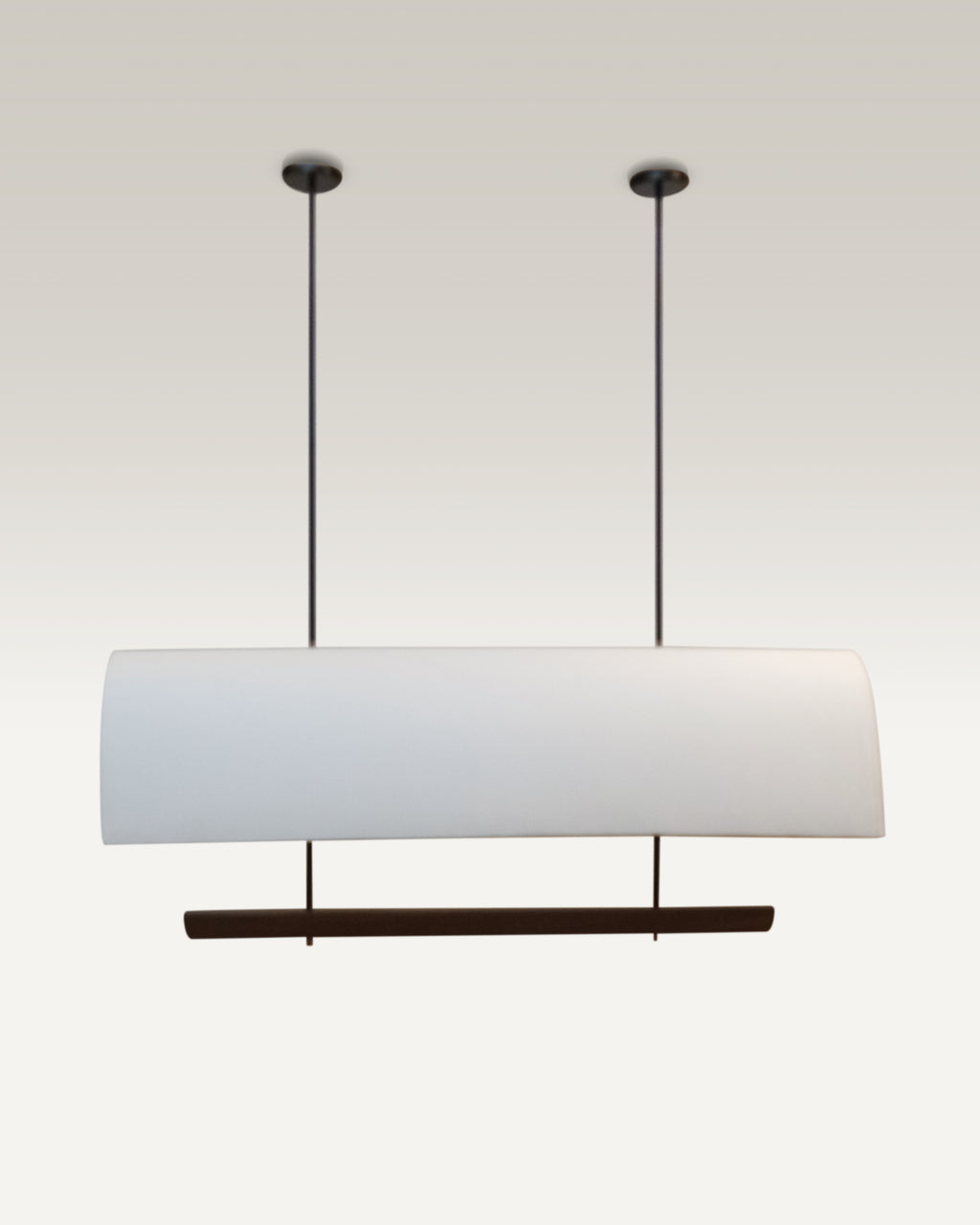 Edgy black rods suspend the luxe pendant dining light over a modern dining table.
