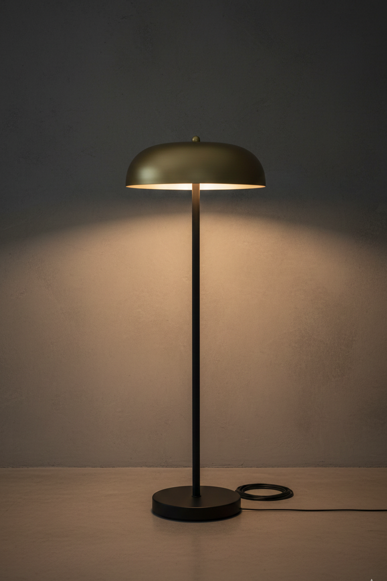 Floor lamp with a dome-shaped shade on a dark background