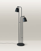 Floor lamp with a sleek design, dual-head configuration, and matte green finish.