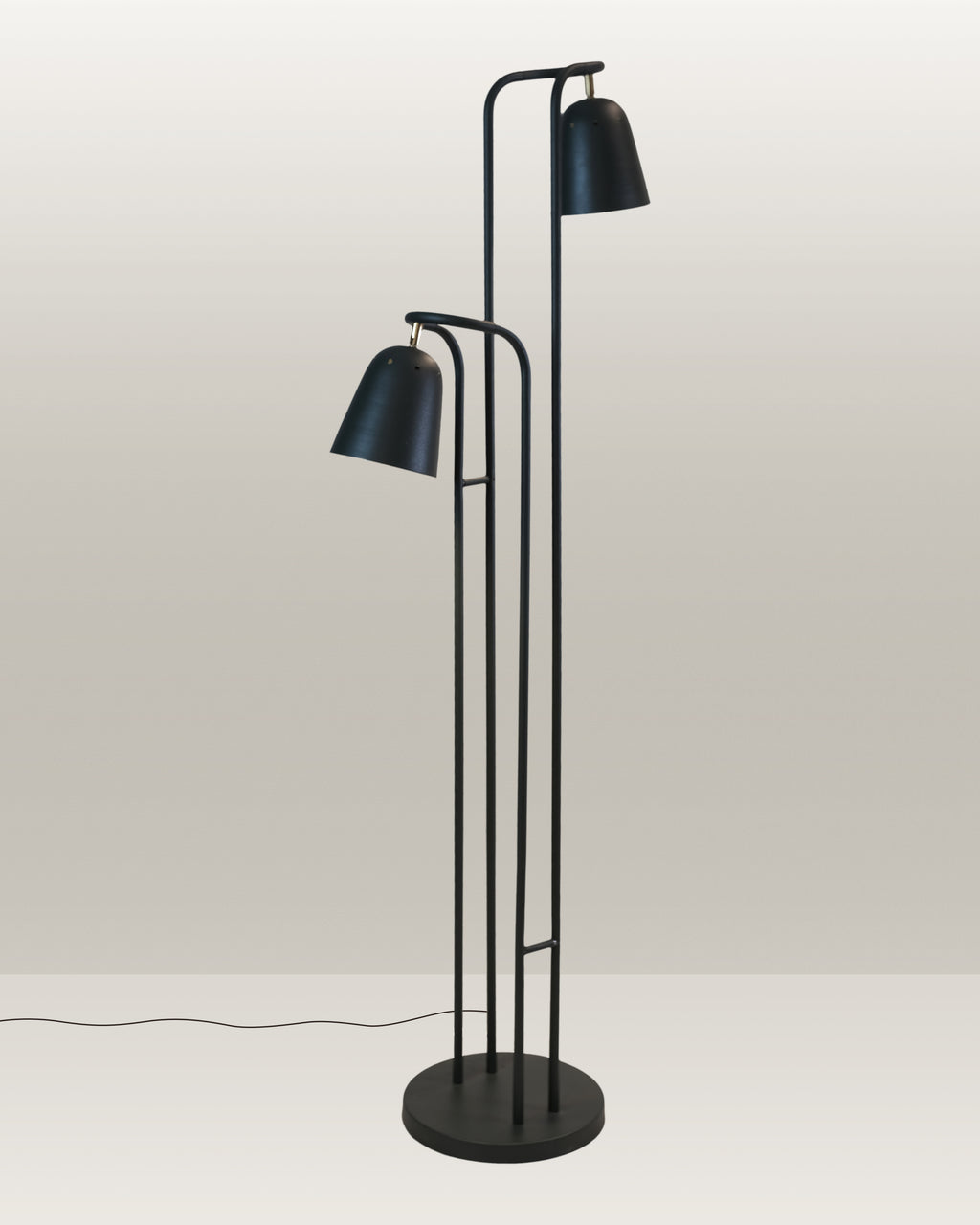 Floor lamp with a sleek design, dual-head configuration, and matte black finish.