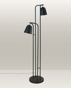 Floor lamp with a sleek design, dual-head configuration, and matte black finish.