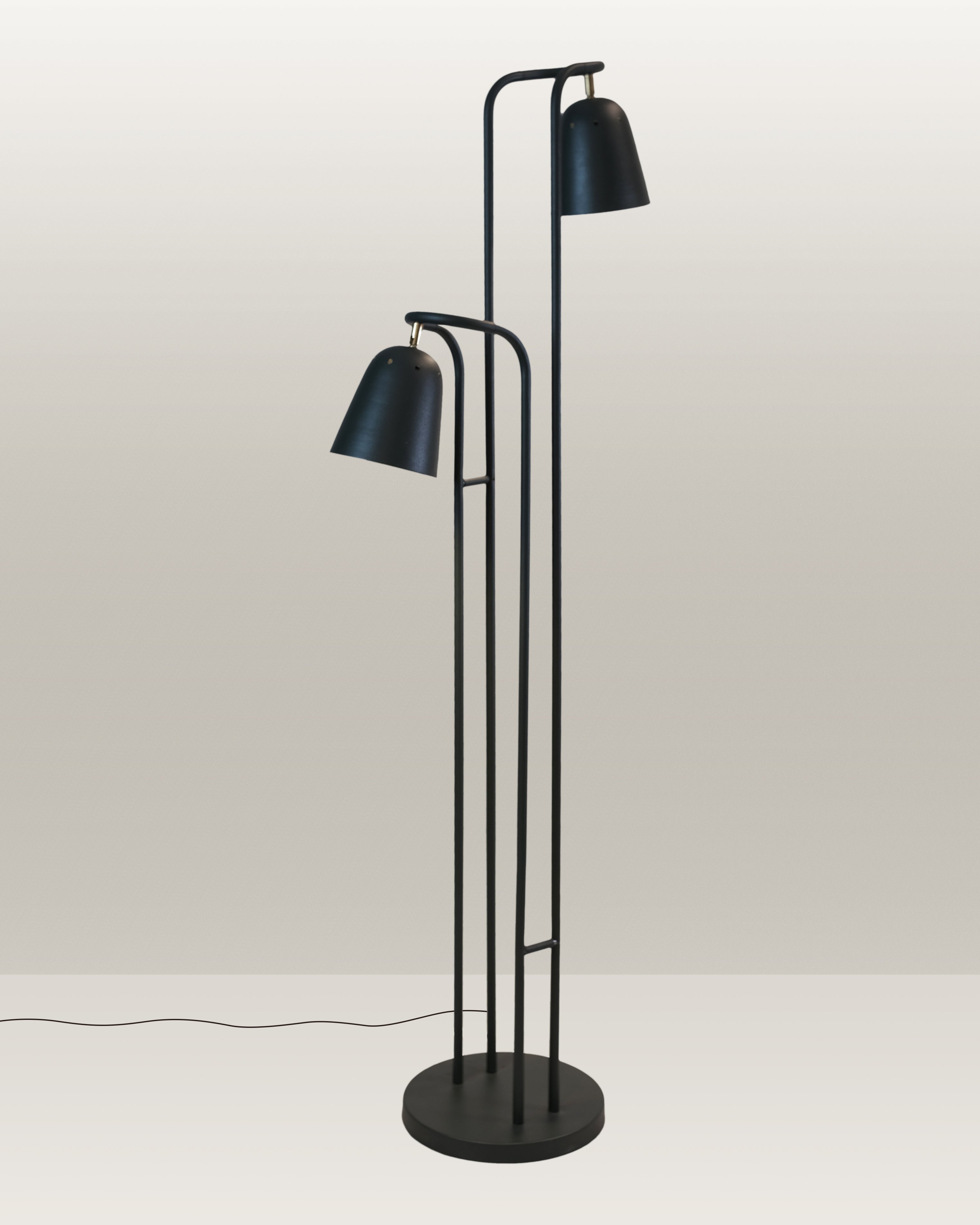 Floor lamp with a sleek design, dual-head configuration, and matte black finish.