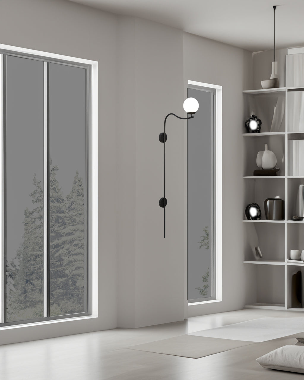 Glamour Arch Wall Lamp with a sleek black metal frame and spherical white lampshade, elegantly mounted on a wall.