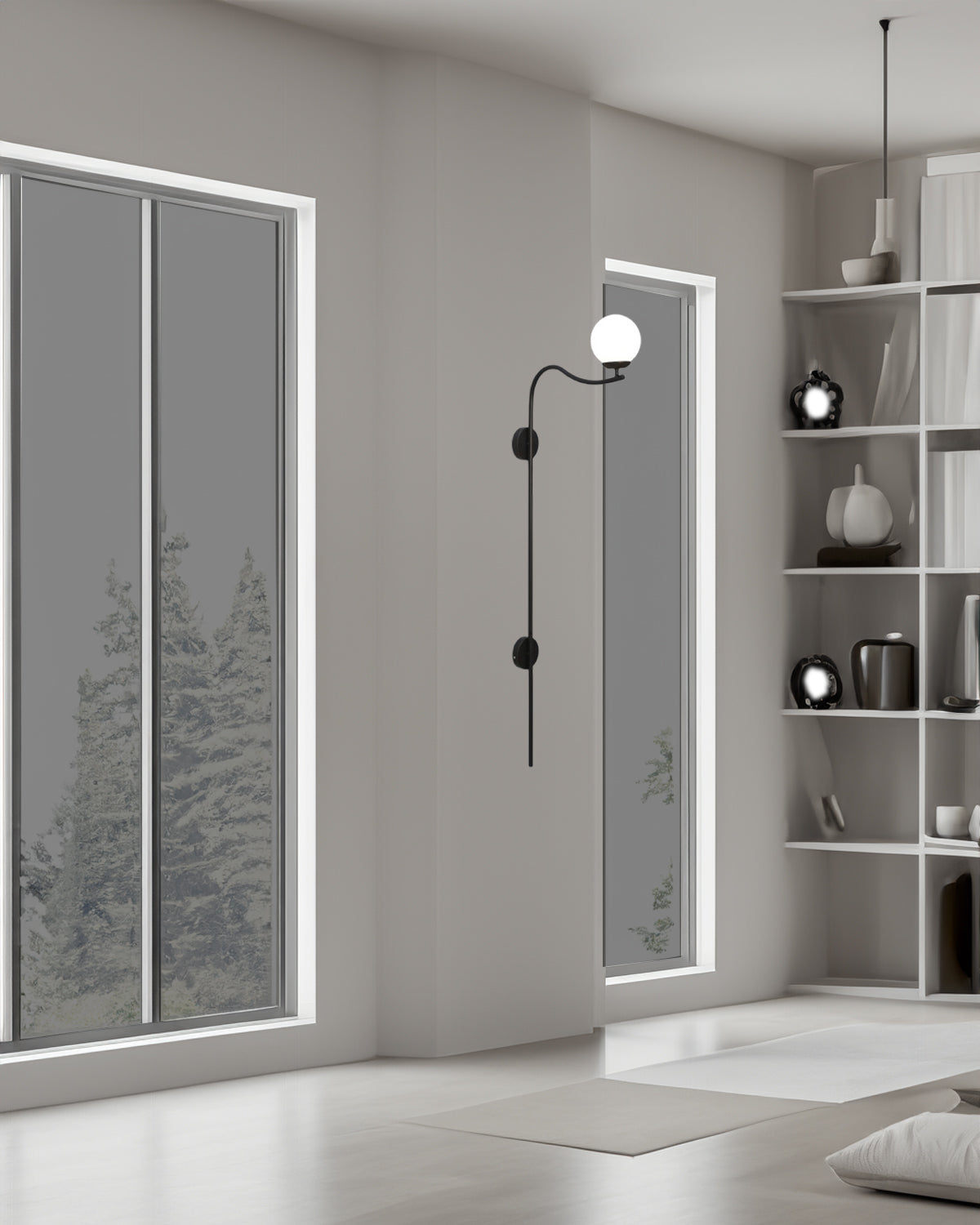 Glamour Arch Wall Lamp with a sleek black metal frame and spherical white lampshade, elegantly mounted on a wall.