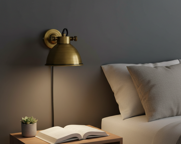 Gold wall lamp on a side table with an open book and plant, next to a sofa with cushions.
