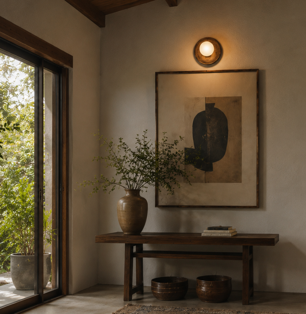 Handcrafted solid wood wall sconce featuring an 8-inch natural wooden backplate with a centered 4-inch frosted opal glass globe, photographed in soft daylight against a textured plaster wall in a warm mid-century modern interior.