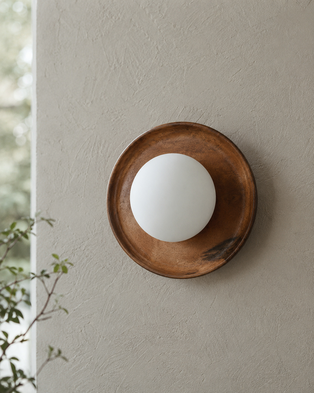 Handcrafted solid wood wall sconce featuring an 8-inch natural wooden backplate with a centered 4-inch frosted opal glass globe, photographed in soft daylight against a textured plaster wall in a warm mid-century modern interior.