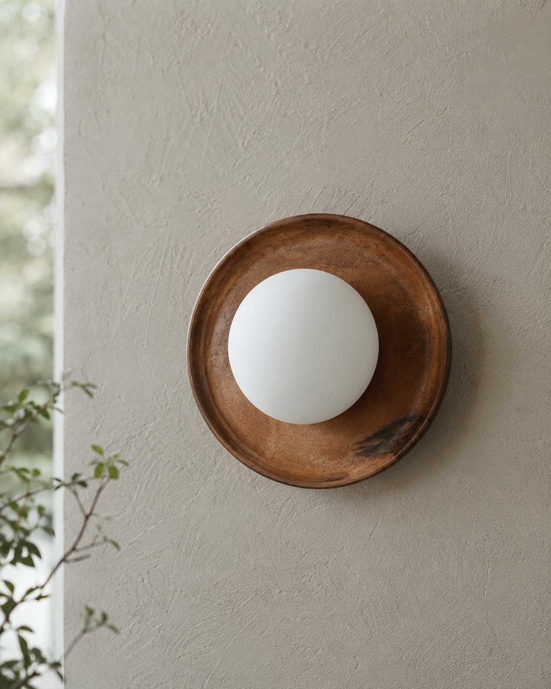 Handcrafted solid wood wall sconce featuring an 8-inch natural wooden backplate with a centered 4-inch frosted opal glass globe, photographed in soft daylight against a textured plaster wall in a warm mid-century modern interior.