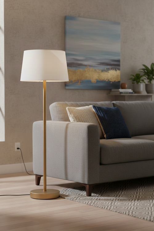 Living room with a gray sofa, floor lamp, and abstract painting on the wall.