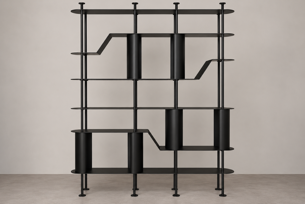 A modern black metal shelving unit with cylindrical and stepped open shelves, shown against a neutral beige wall and concrete floor.