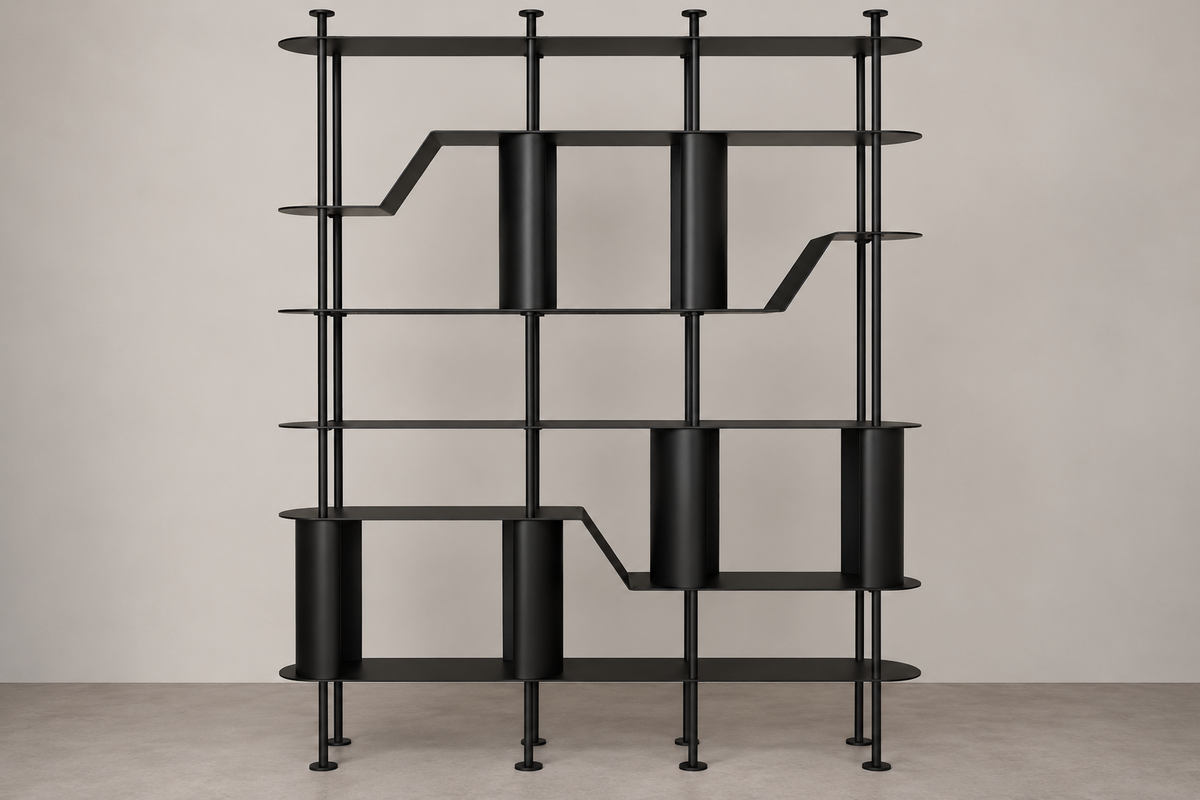 A modern black metal shelving unit with cylindrical and stepped open shelves, shown against a neutral beige wall and concrete floor.