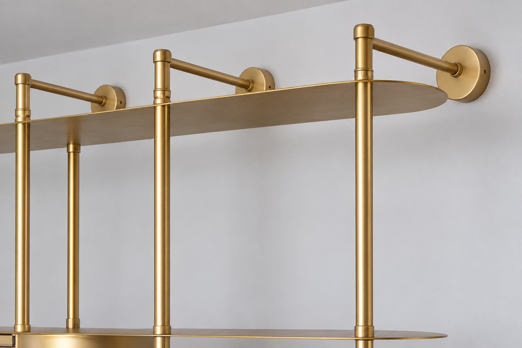 Gold metal wall-mounted shelving with two curved shelves and vertical support rods, shown against a plain light gray wall.