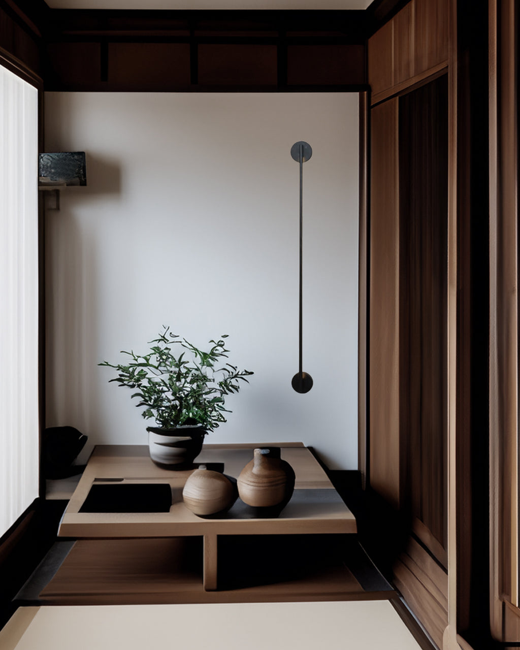 Modern LED Linear Wall Lamp with a sleek black finish, emitting warm diffused light, mounted vertically on a wall