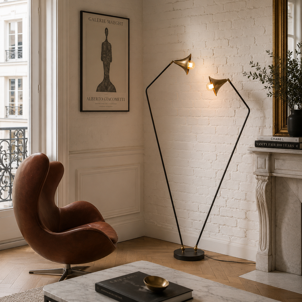 Modern floor lamp in a stylish living room with a brown chair and decorative items.
