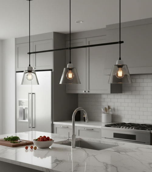 Modern kitchen with pendant lights, marble island, and stainless steel appliances.
