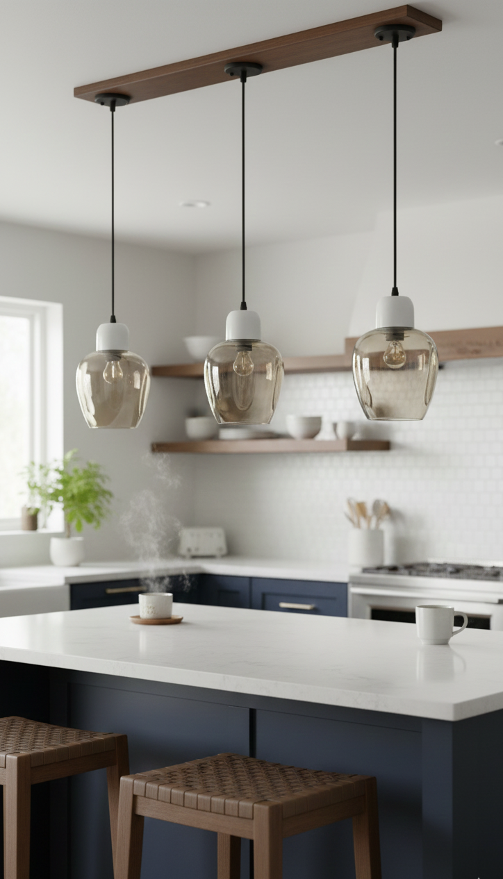 Modern kitchen with pendant lights, white countertops, and wooden stools.
