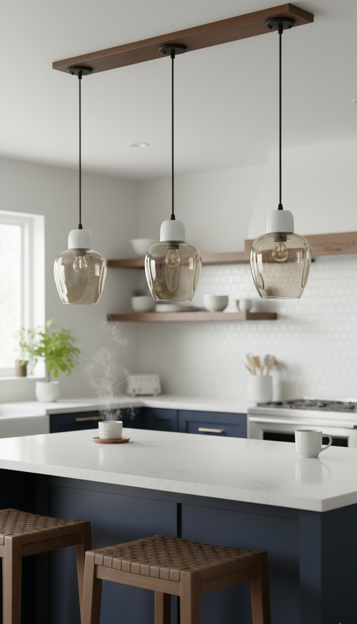 Modern kitchen with pendant lights, white countertops, and wooden stools.