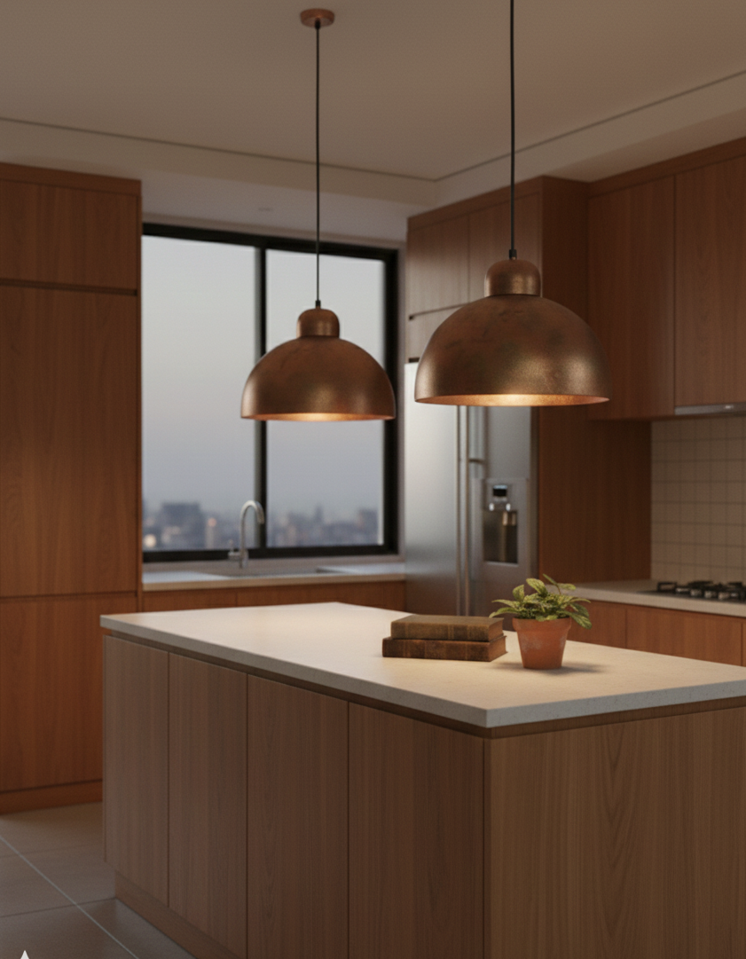 Modern kitchen with wooden cabinets, a island, and pendant lights.