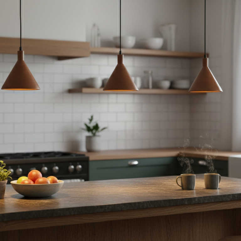 Modern kitchen with wooden island, fruit bowl, and hanging lights.