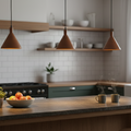 Modern kitchen with wooden island, fruit bowl, and hanging lights.