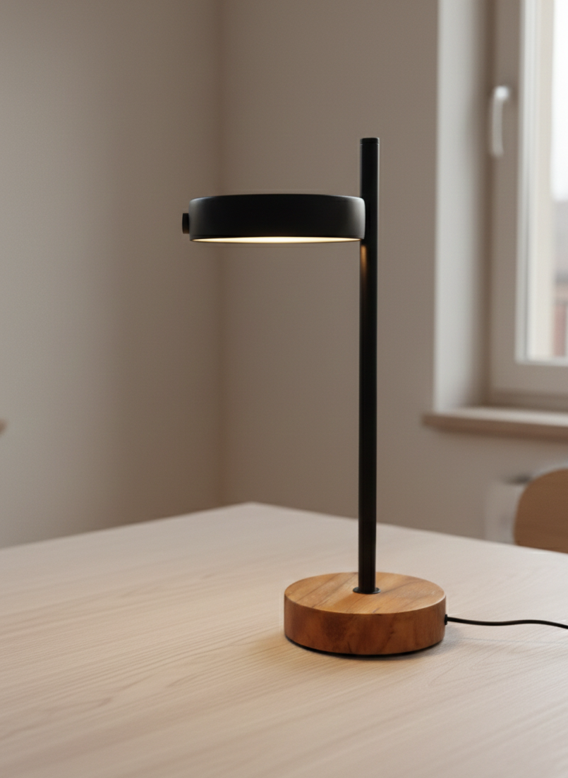 Modern table lamp with wooden base and black adjustable head on a light surface.