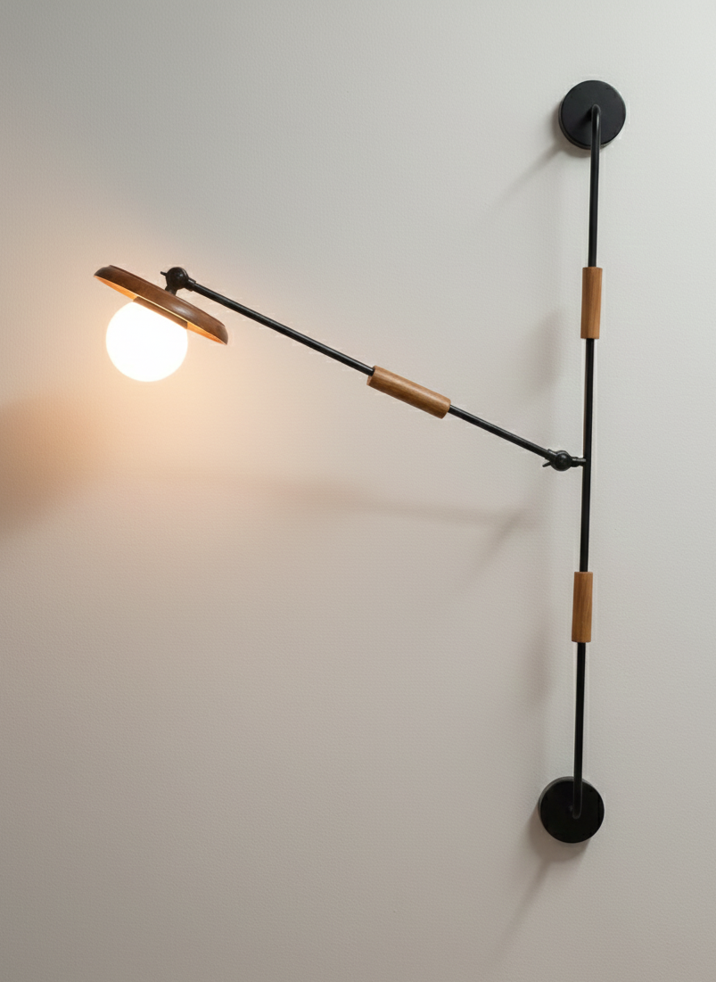 Modern wall-mounted light fixture with adjustable arm on a white wall