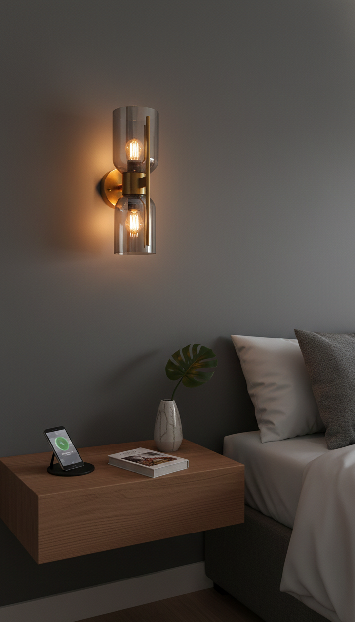 Modern wall sconce on a gray wall above a wooden nightstand with a smartphone and plant.