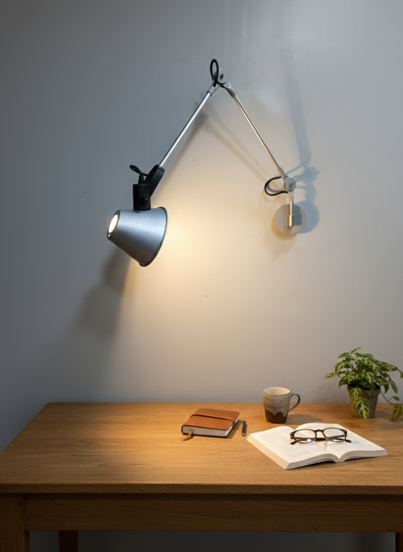 Movable wall lamp with adjustable arm and focused light, designed for flexible wall mounting.