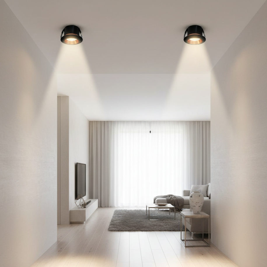 Modern living room with minimal decor and soft lighting