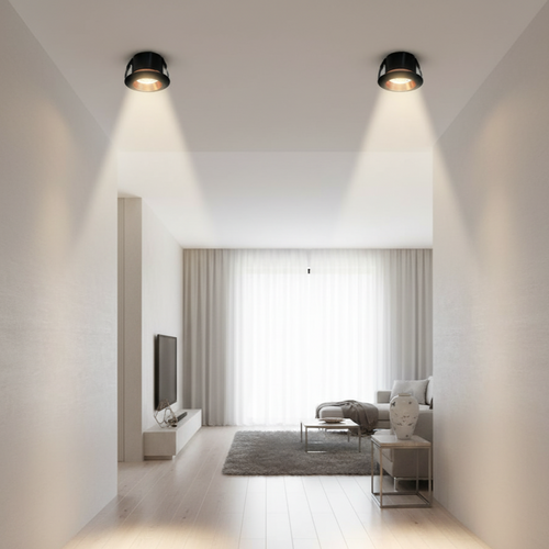 Modern living room with minimal decor and soft lighting