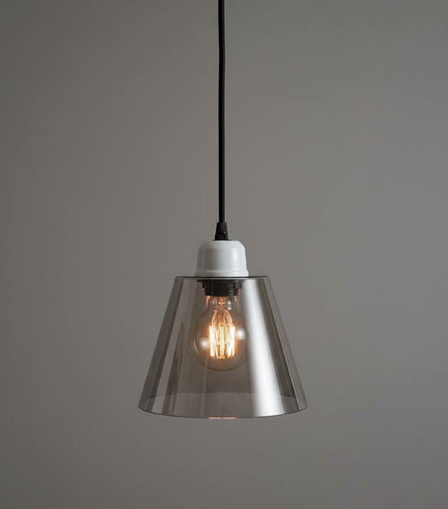 Pendant light with smoked glass shade and visible bulb on a gray background