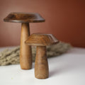 Set of two wooden mushrooms with smooth rounded caps and detailed grain patterns