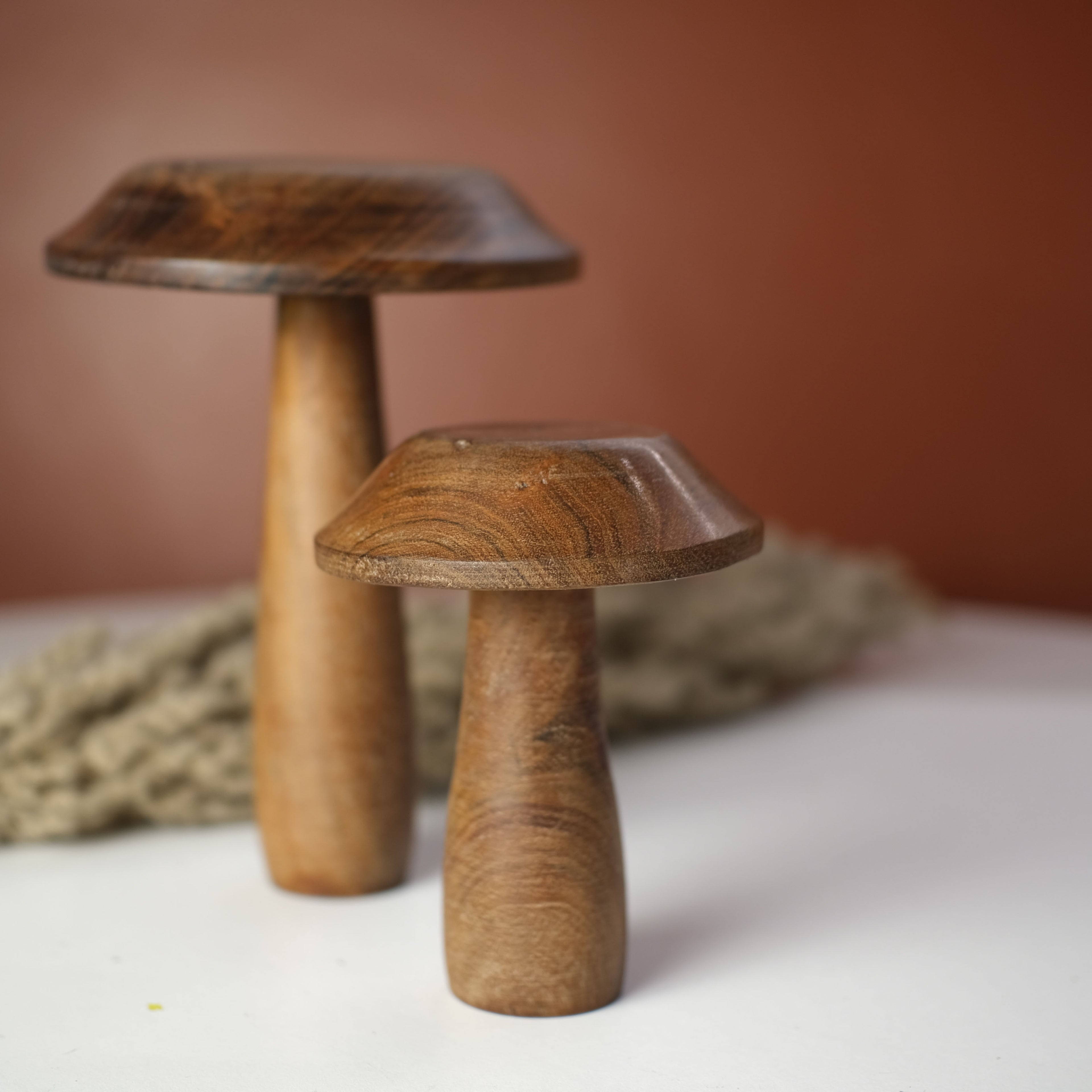 Set of two wooden mushrooms with smooth rounded caps and detailed grain patterns