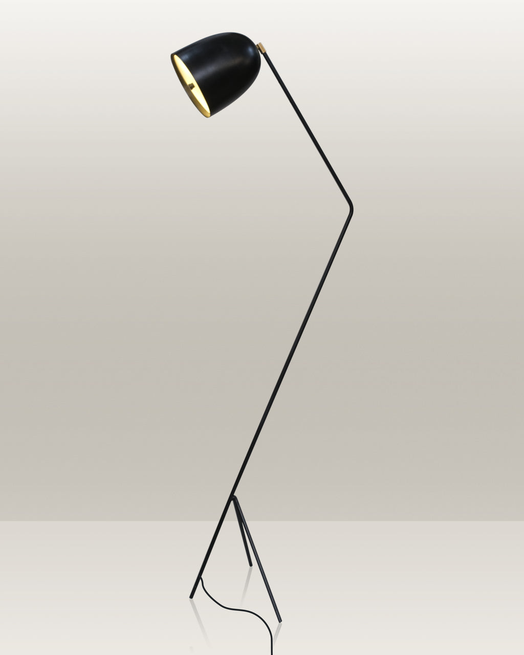 Sleek, black floor lamp with an adjustable head, tripod base, and elegant design.