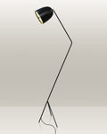Sleek, black floor lamp with an adjustable head, tripod base, and elegant design.