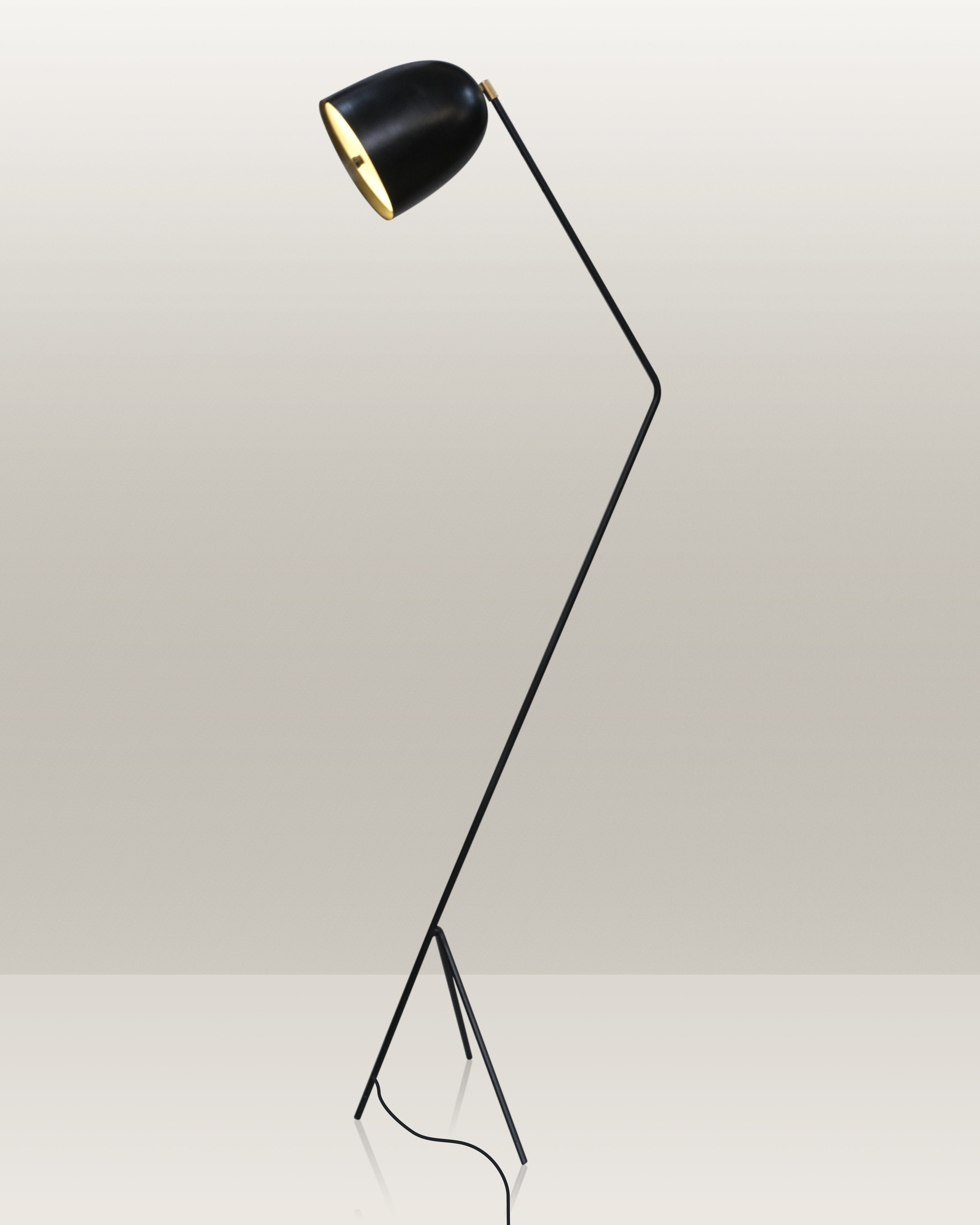 Sleek, black floor lamp with an adjustable head, tripod base, and elegant design.