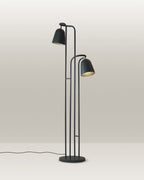 Sleek black floor lamp with two adjustable heads, perfect for modern luxury homes.
