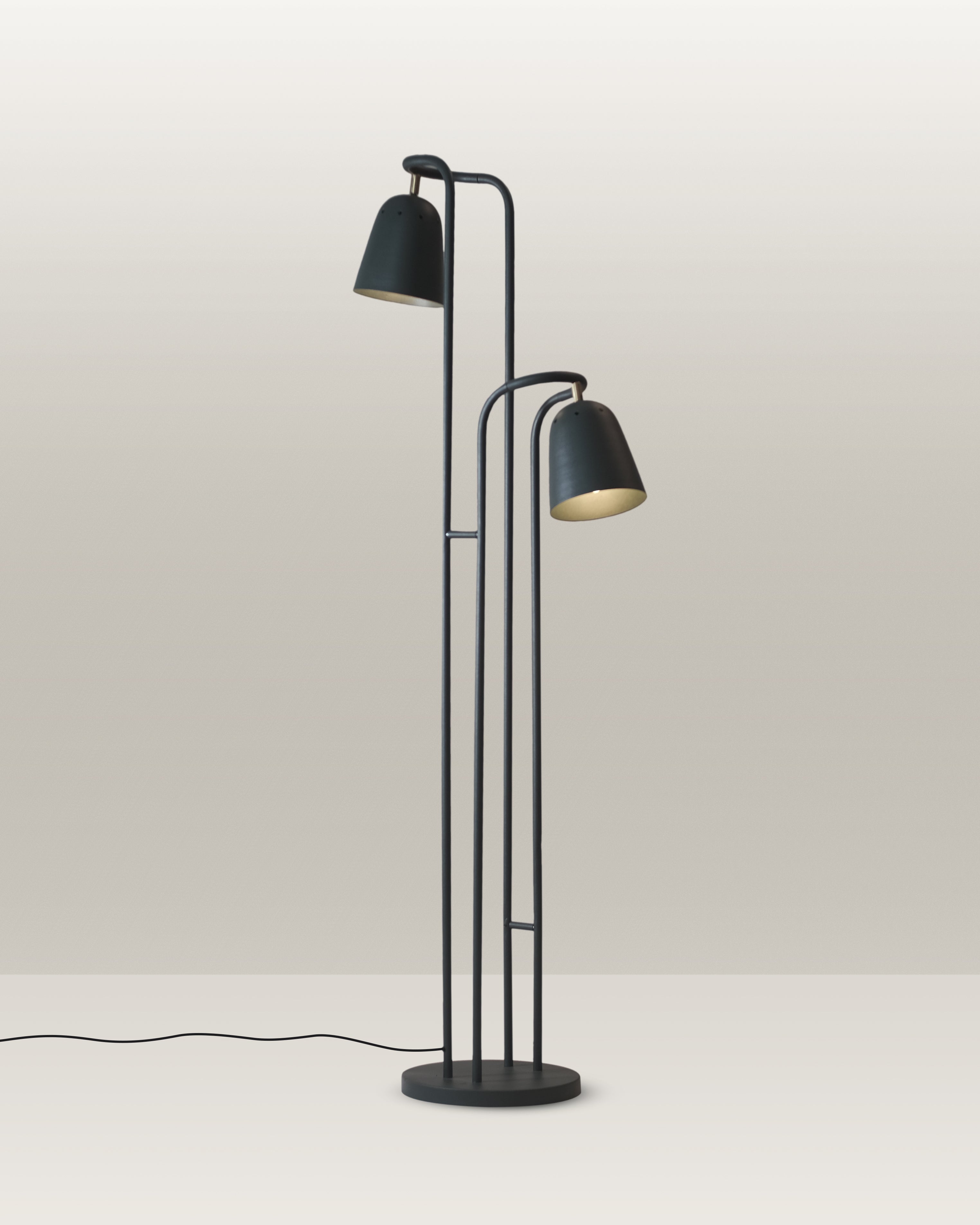 Sleek black floor lamp with two adjustable heads, perfect for modern luxury homes.